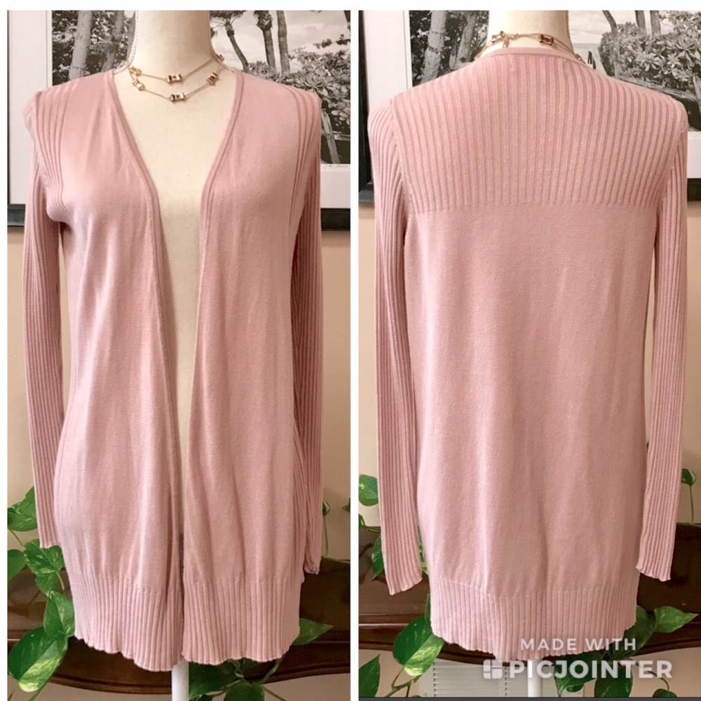 🫶 Philosophy Ribbed Trim Lightweight Blush Pink Open Front Cardigan Small - Picture 2 of 8